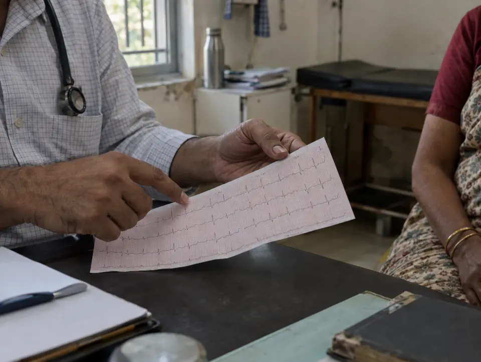 A printed ECG strip held between a doctor's fingers over a desk