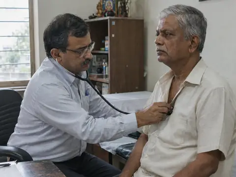 An Indian male cardiologist in his fifties with a stethoscope in his ears listening to the chest of a seated Indian man in his sixties wearing a half-sleeve shirt