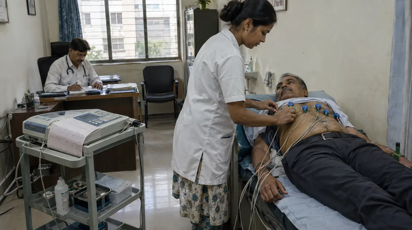 An ECG machine on a trolley beside an examination couch, a technician attaching chest leads to a lying patient, the doctor at a desk in the background