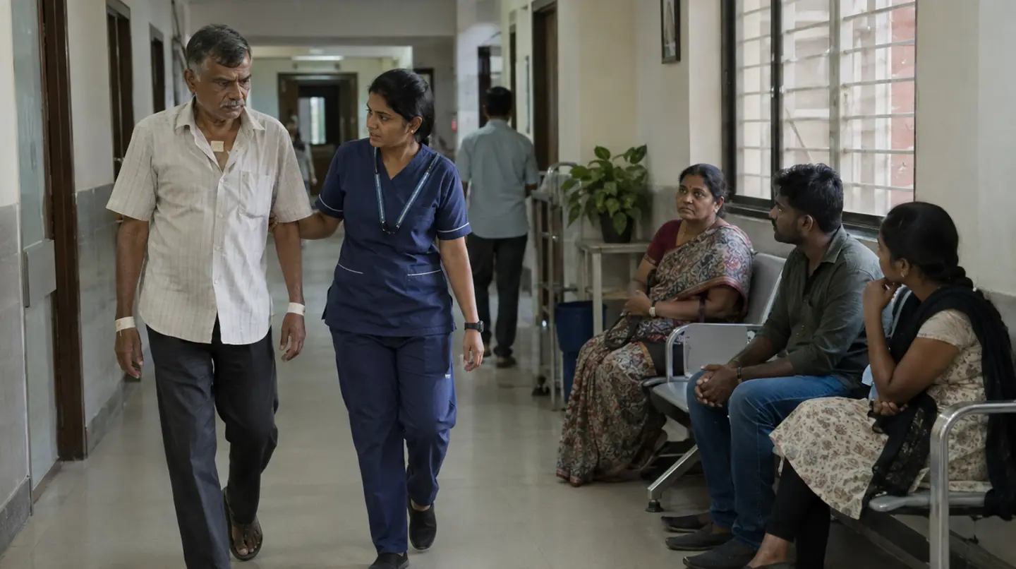 A patient walking with a nurse in a corridor, a family waiting on a bench