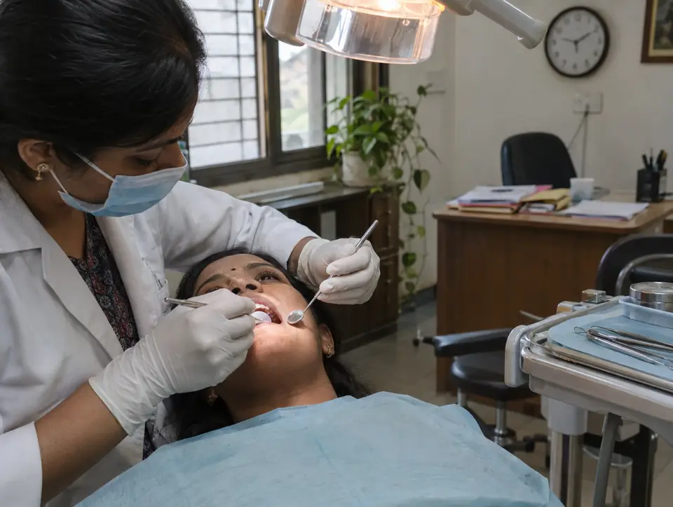 A dentist examining a patient's teeth with a dental mirror and probe under the chair lamp