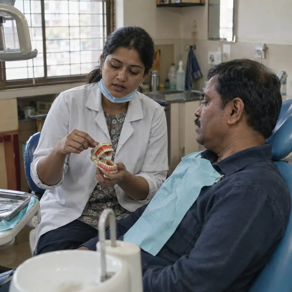 An Indian woman dentist in her thirties, mask pulled down, explaining a treatment with a small jaw model in her hand to a middle-aged Indian man sitting up in a dental chair