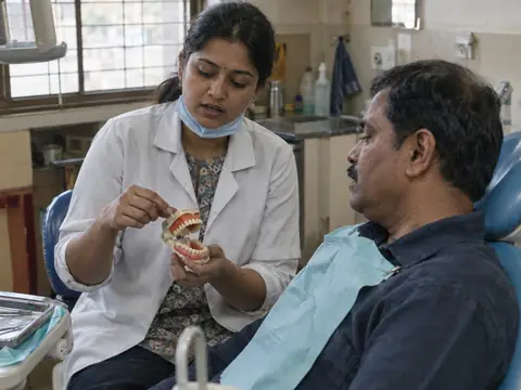An Indian woman dentist in her thirties, mask pulled down, explaining a treatment with a small jaw model in her hand to a middle-aged Indian man sitting up in a dental chair