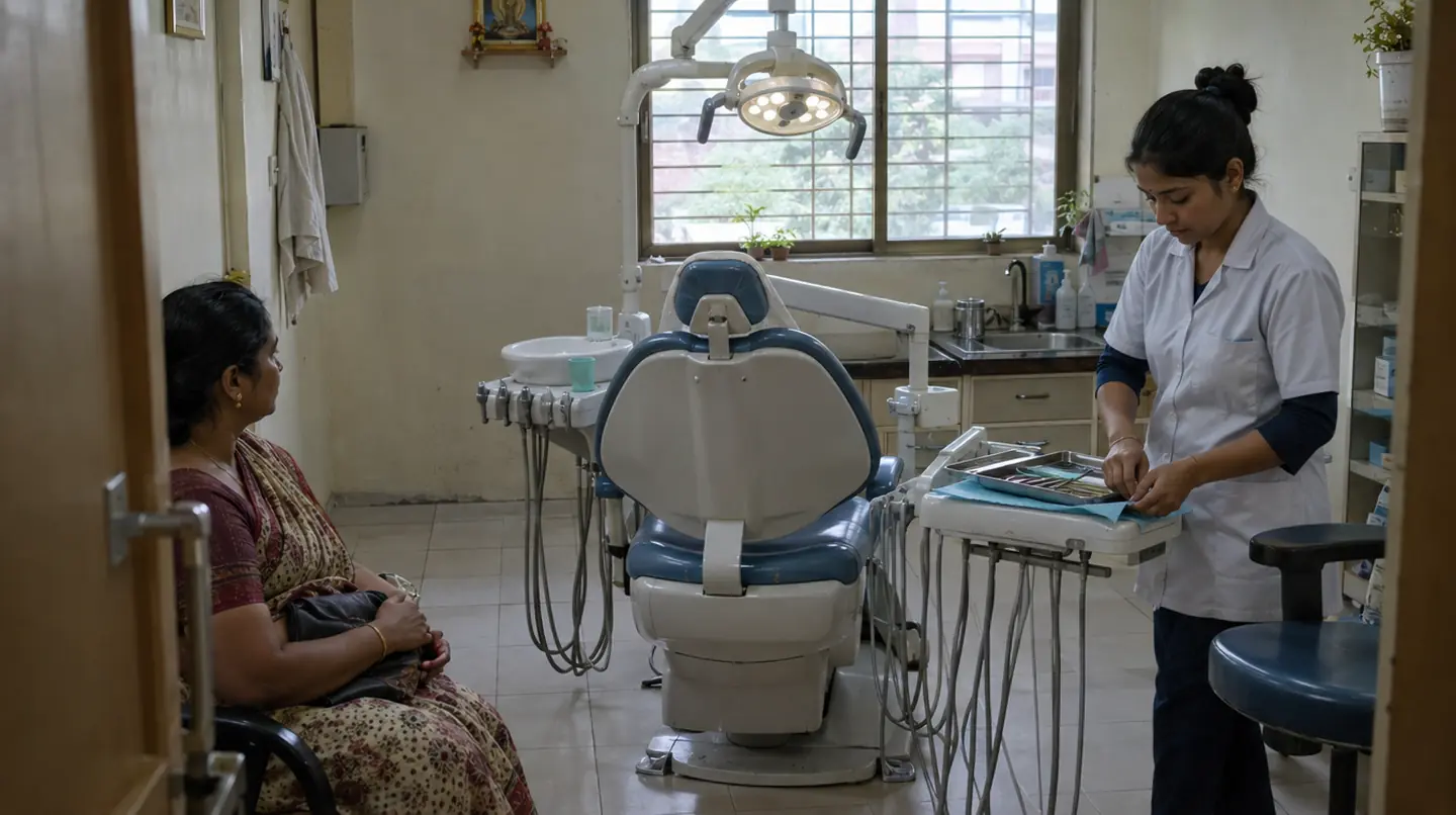 A dental chair under an operatory lamp, a dental assistant arranging instruments on a tray, a patient waiting by the door, tiled floor