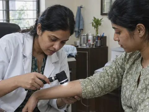 An Indian woman dermatologist in her thirties examining the forearm of a young Indian woman with a handheld dermatoscope, both focused