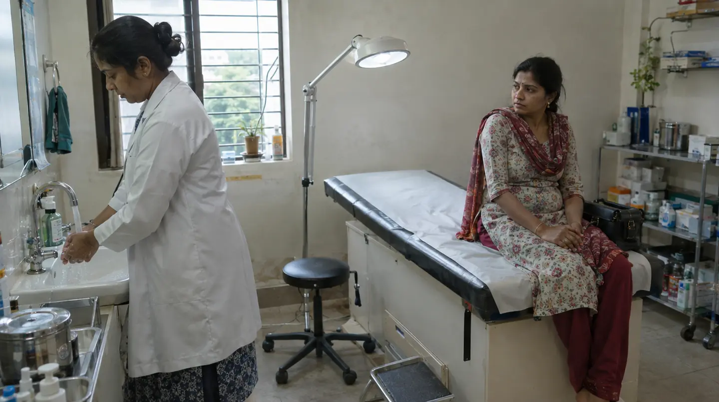 An examination couch with a bright adjustable lamp, the doctor washing her hands at a sink, a patient sitting on the couch