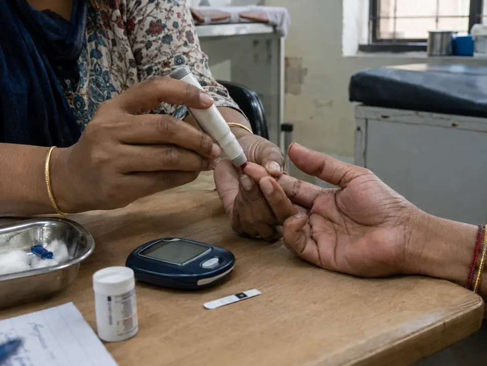 A fingertip being pricked with a lancet beside a glucometer and test strip on a clinic desk
