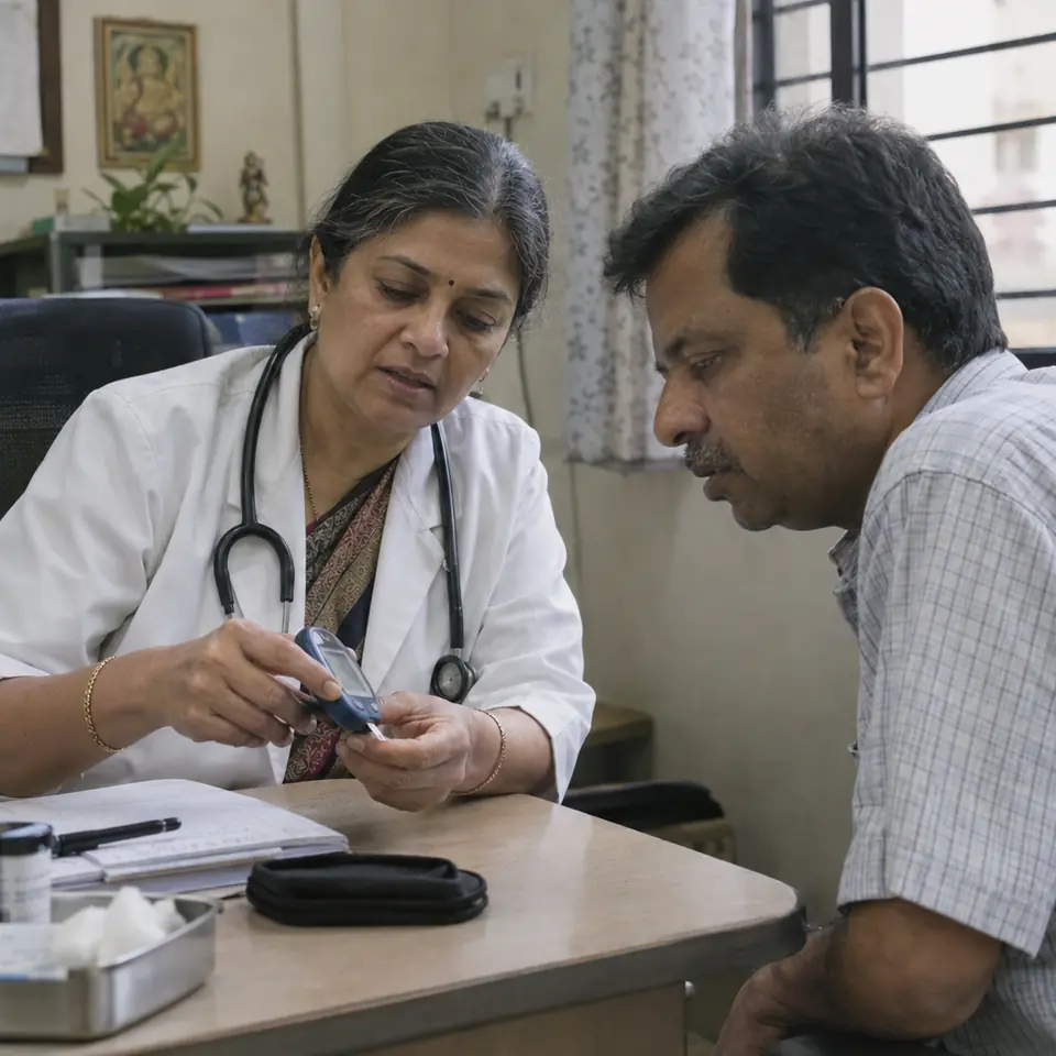 An Indian woman endocrinologist in her fifties looking at a glucometer reading with a middle-aged Indian man patient at her desk, both leaning in