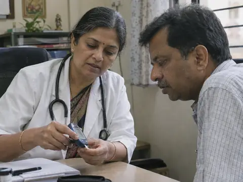 An Indian woman endocrinologist in her fifties looking at a glucometer reading with a middle-aged Indian man patient at her desk, both leaning in