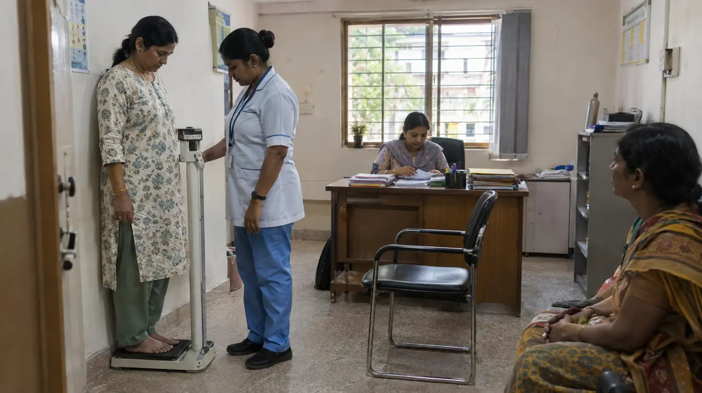 A nurse checking a patient's weight on a floor scale while another patient waits, a desk with files in the background