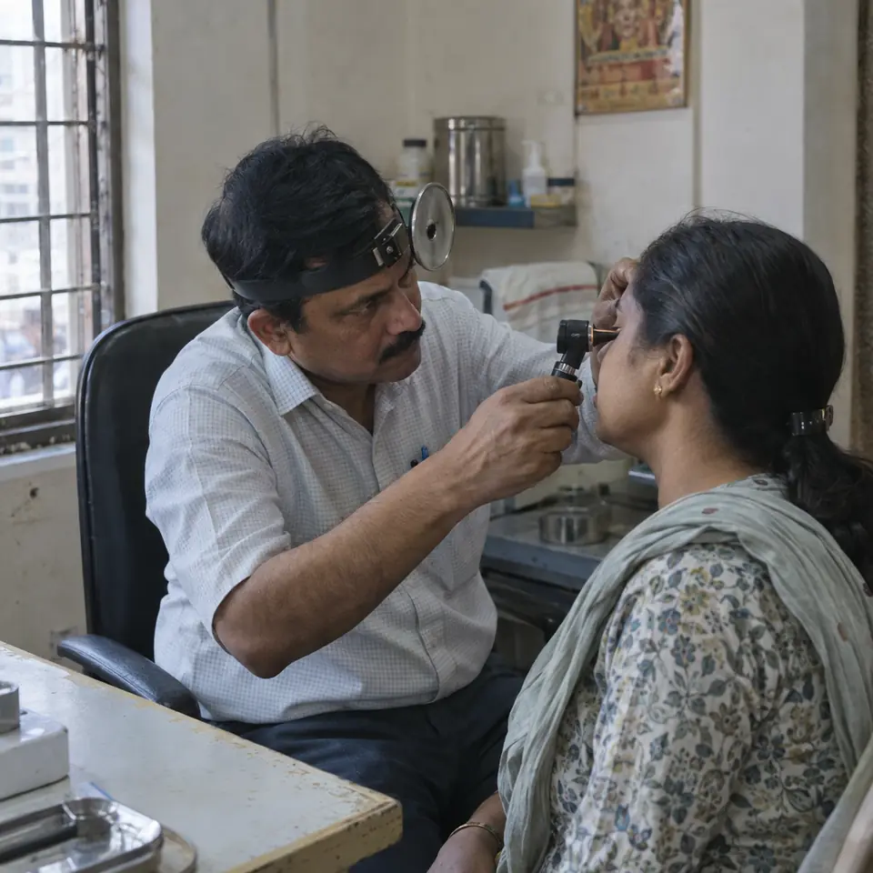 An Indian male ENT doctor in his forties wearing a head mirror, examining the ear of an Indian woman patient with an otoscope as she sits sideways