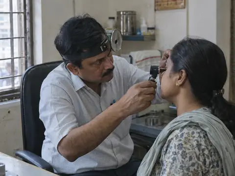 An Indian male ENT doctor in his forties wearing a head mirror, examining the ear of an Indian woman patient with an otoscope as she sits sideways