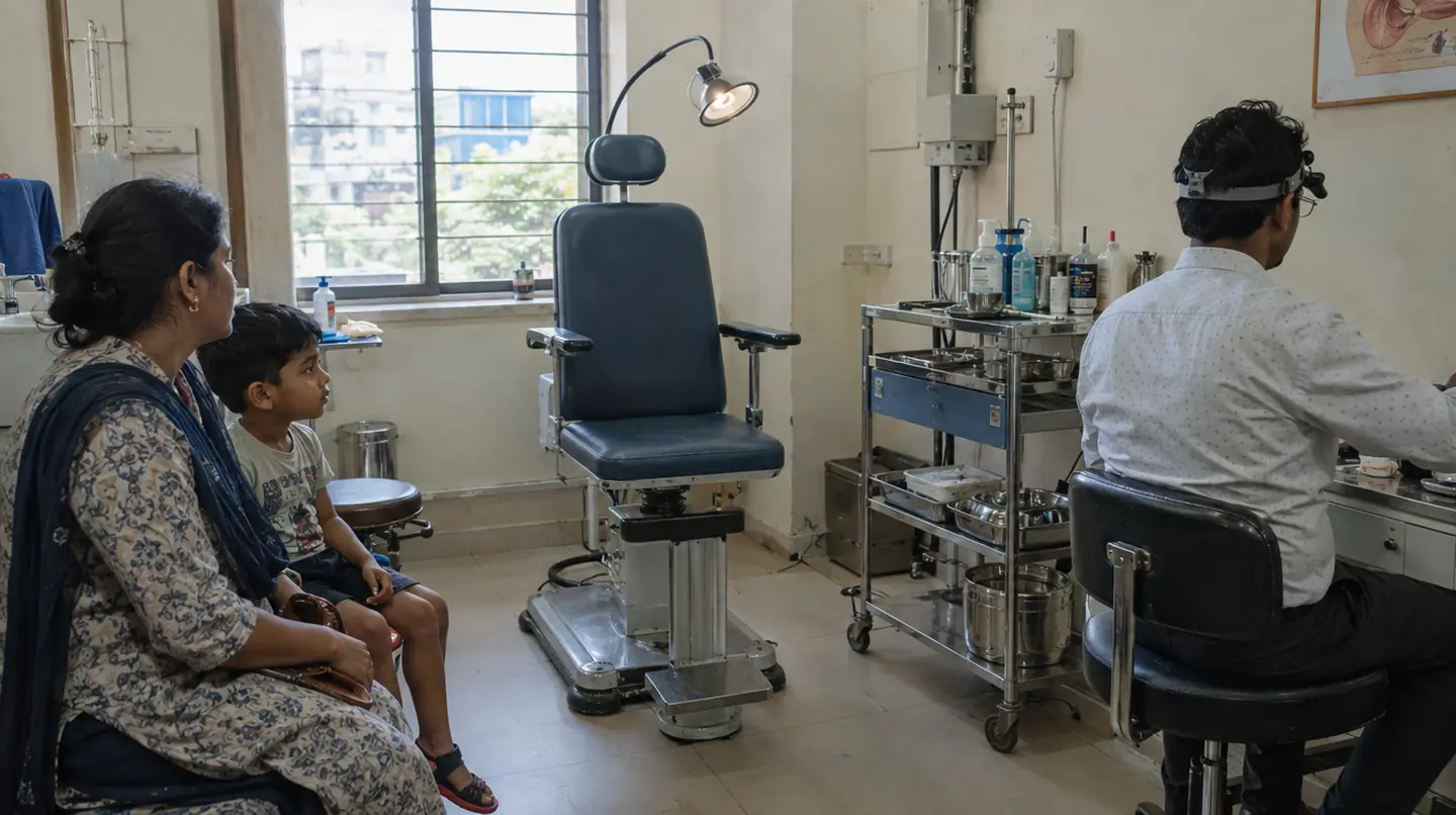 An ENT examination chair with a light source, an instrument trolley, a child patient sitting with a parent waiting
