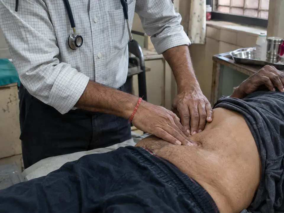 A doctor's hands palpating a patient's abdomen as he lies on an examination couch