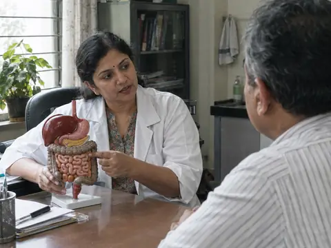 An Indian woman gastroenterologist in her forties explaining with an anatomical model of the digestive system to an Indian man in his fifties across her desk
