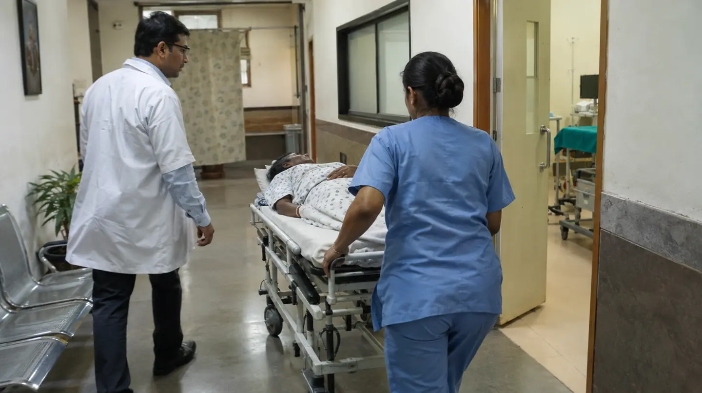 A patient on a wheeled stretcher being taken toward a procedure room by a nurse, the doctor walking alongside