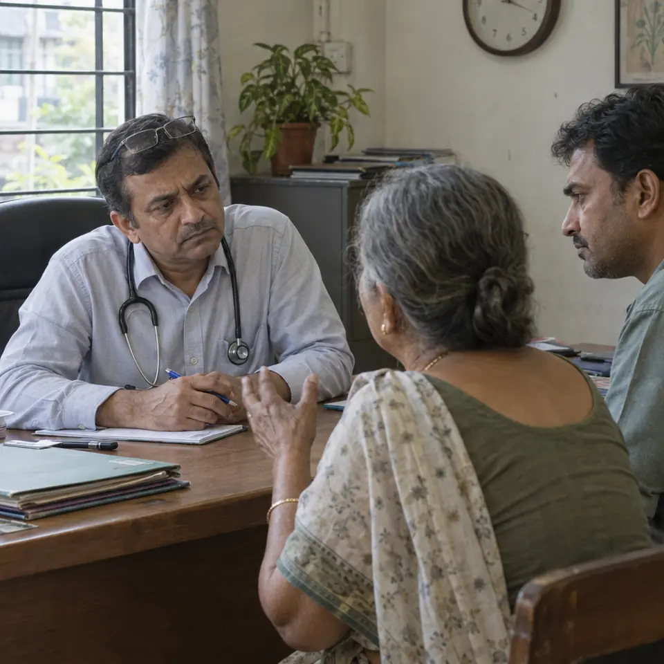 An Indian male family physician in his late forties, reading glasses pushed up, listening with a slight frown of concentration as an elderly Indian woman in a cotton saree describe