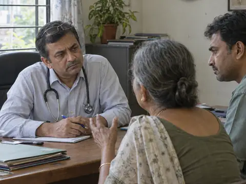 An Indian male family physician in his late forties, reading glasses pushed up, listening with a slight frown of concentration as an elderly Indian woman in a cotton saree describe