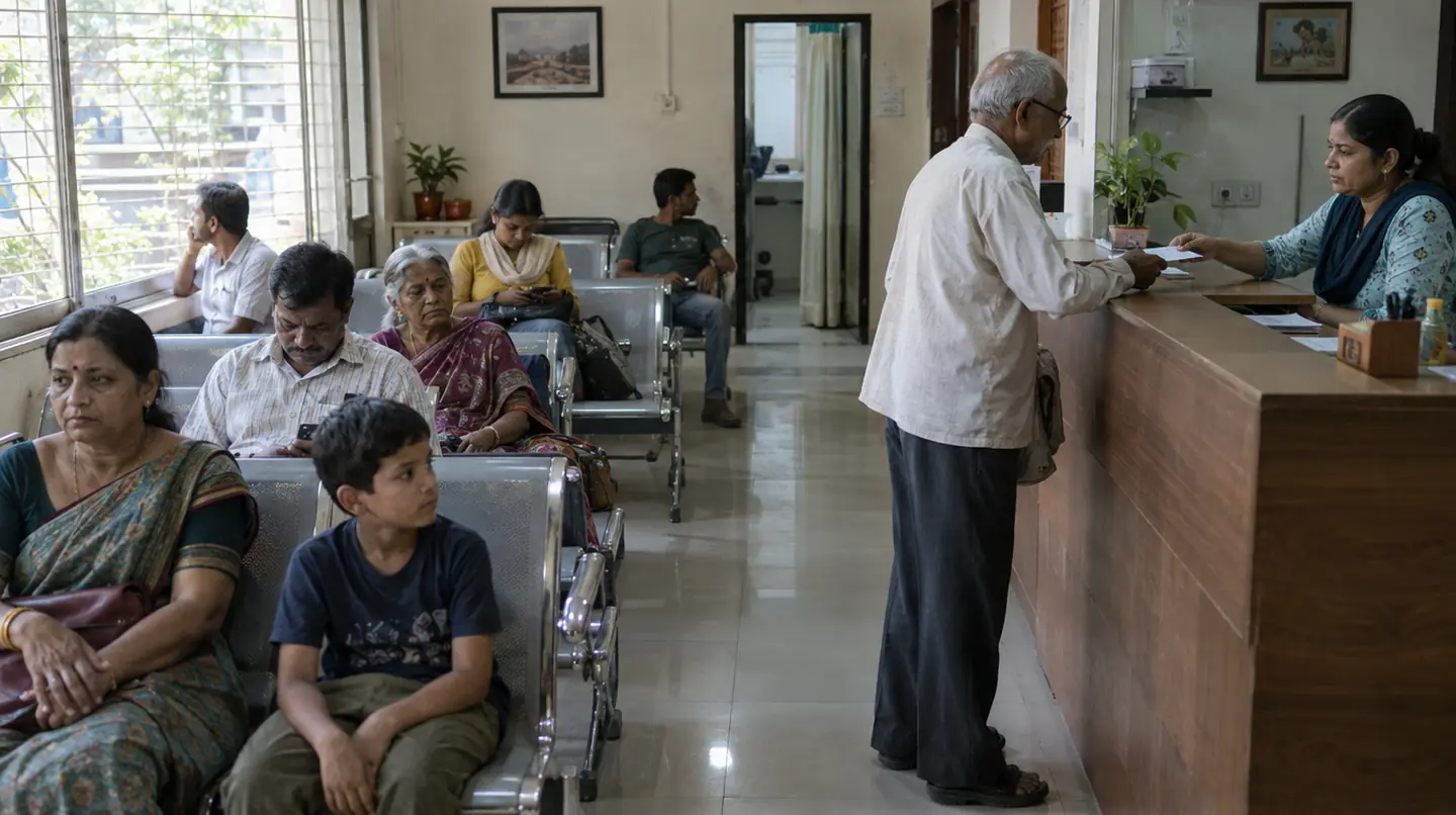Patients of different ages sit on steel chairs, a receptionist at a wooden counter hands a slip to an elderly man, sunlight from a side window