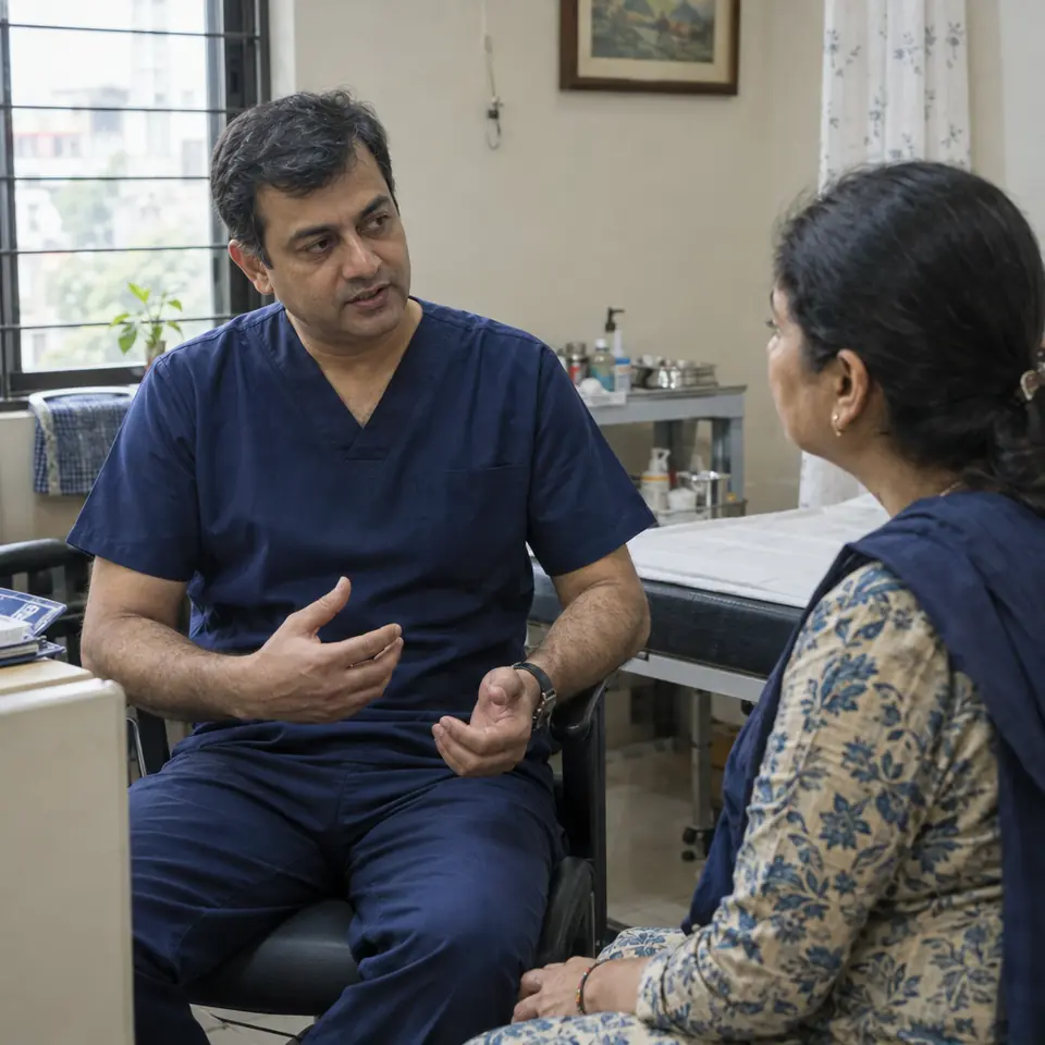 An Indian male surgeon in his forties in navy scrubs talking with an Indian woman patient in an outpatient room before her procedure