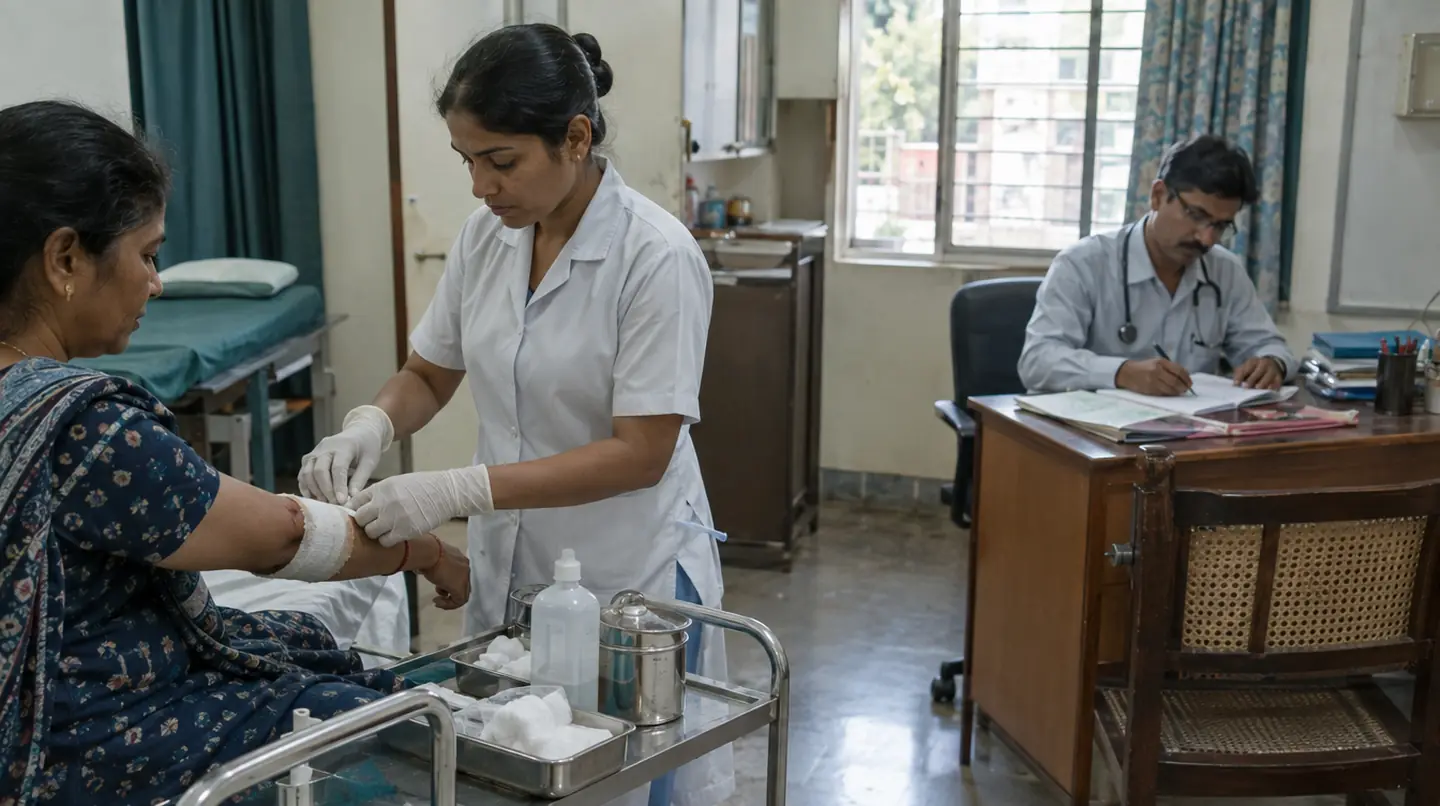 A dressing being changed on a patient's arm by a nurse, a surgeon writing notes at a desk