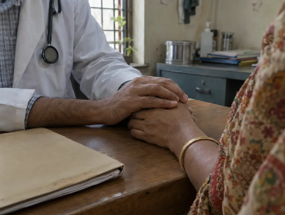 A doctor's hand resting reassuringly on a patient's hand on a desk beside a closed paper file