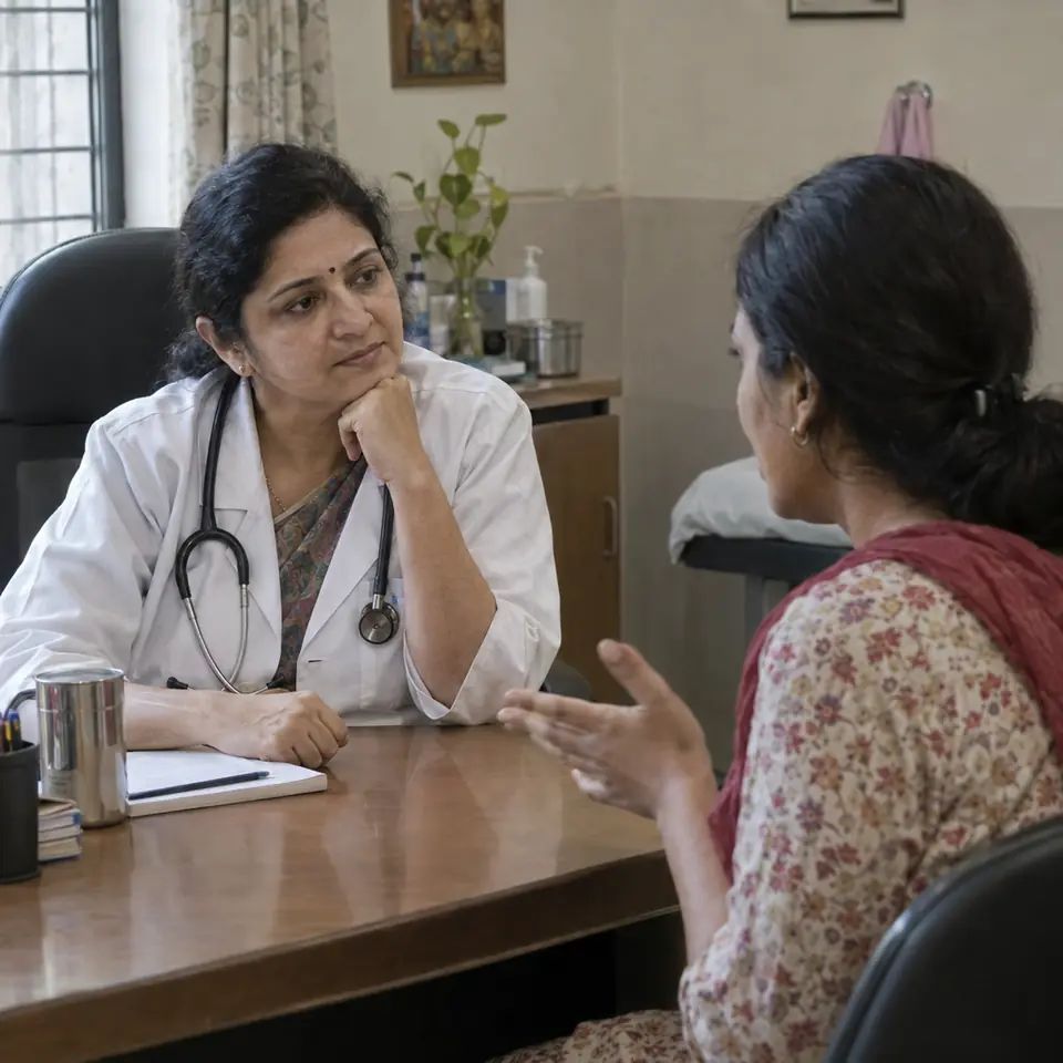 An Indian woman gynaecologist in her forties in a private, gentle conversation with an Indian woman in her thirties across a desk, the patient speaking, the doctor listening