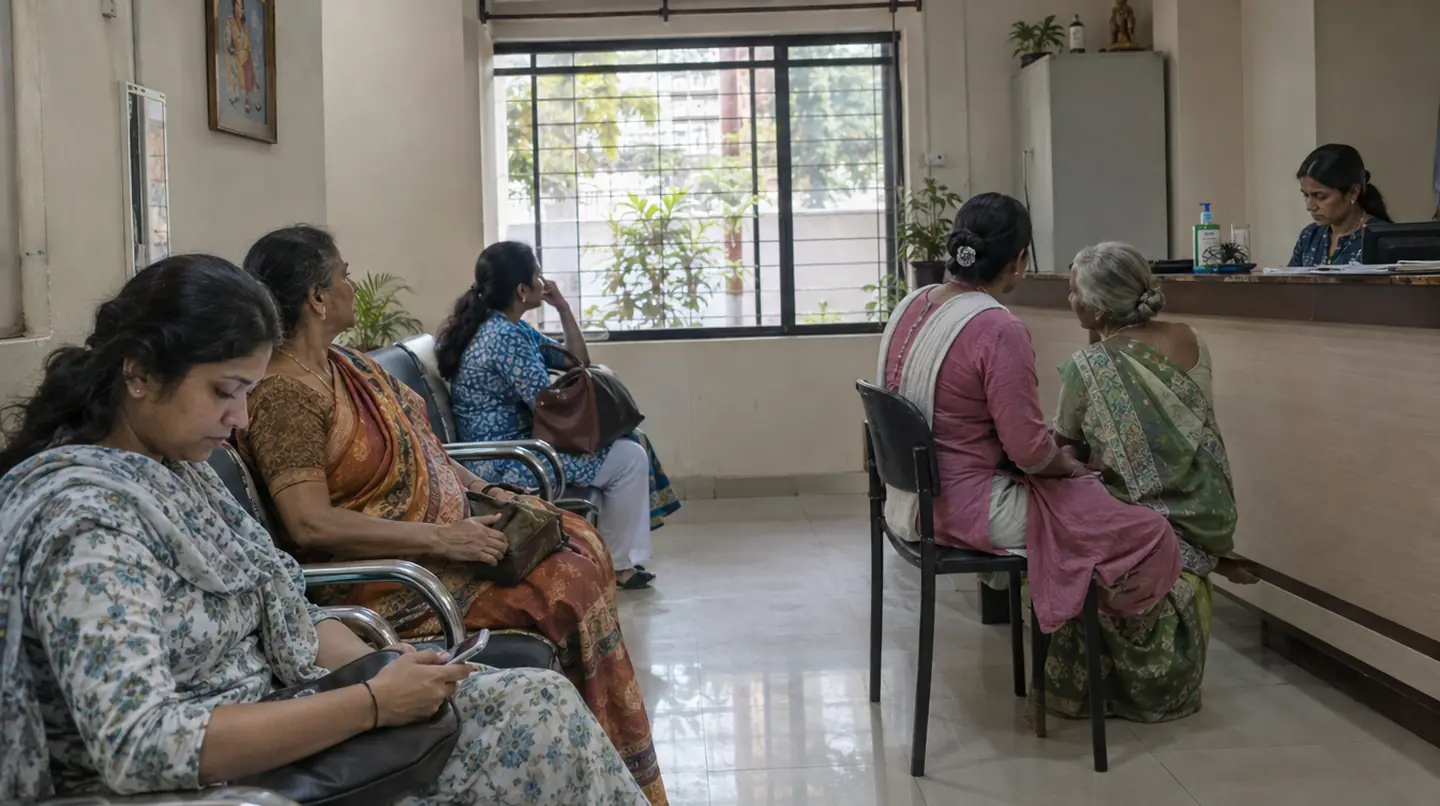 Women of different ages seated, one with her mother, a woman receptionist at the counter, soft daylight