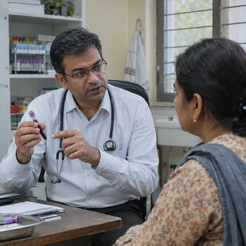 An Indian male haematologist in his forties explaining something to an Indian woman patient while holding a blood sample tube