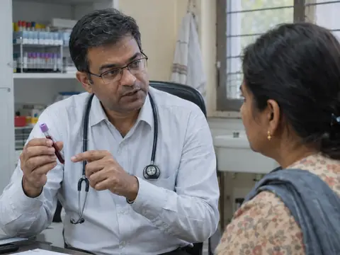 An Indian male haematologist in his forties explaining something to an Indian woman patient while holding a blood sample tube