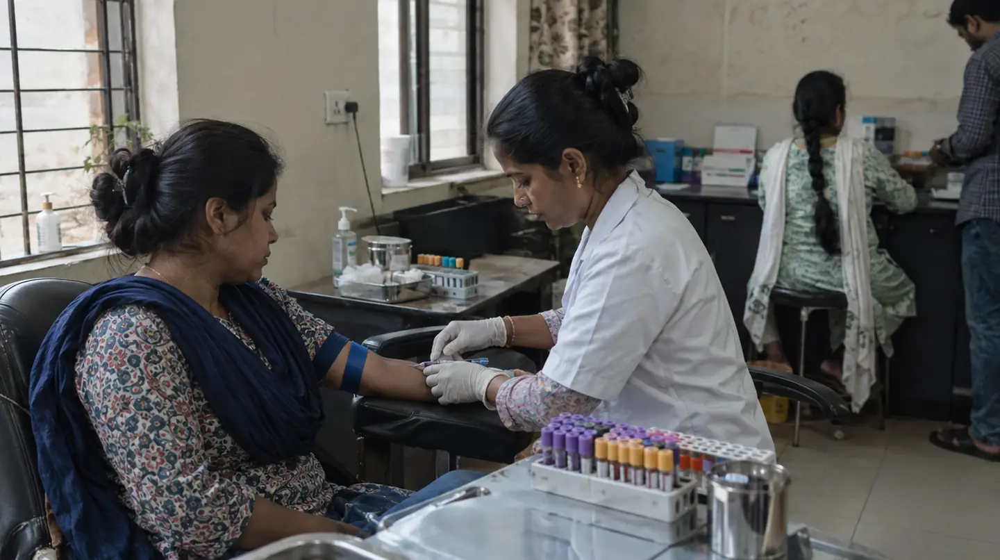 A phlebotomist drawing blood from a seated patient's arm, test tubes in a rack