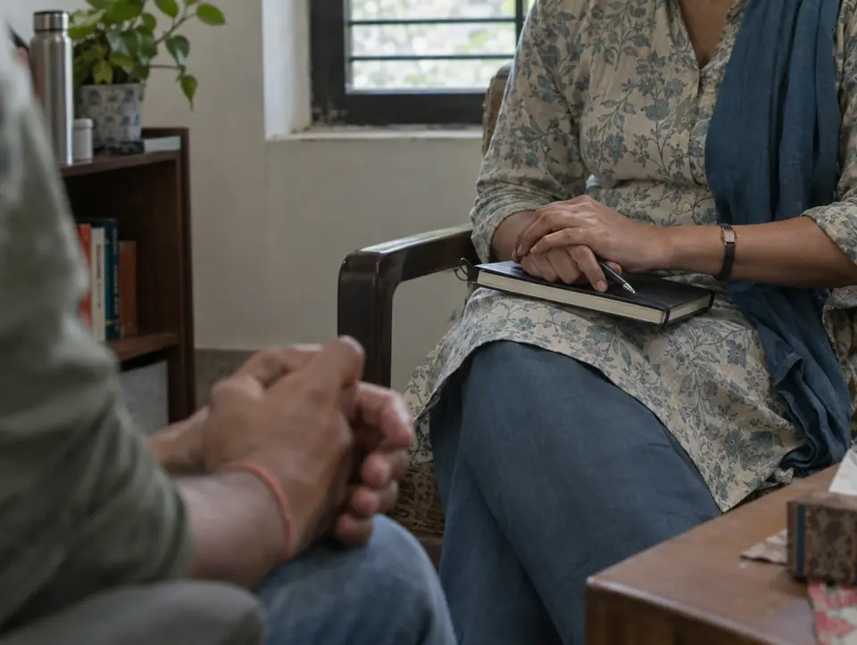 A therapist's hands resting on a closed notebook with a pen on her knee during a session, a client's clasped hands blurred in the foreground
