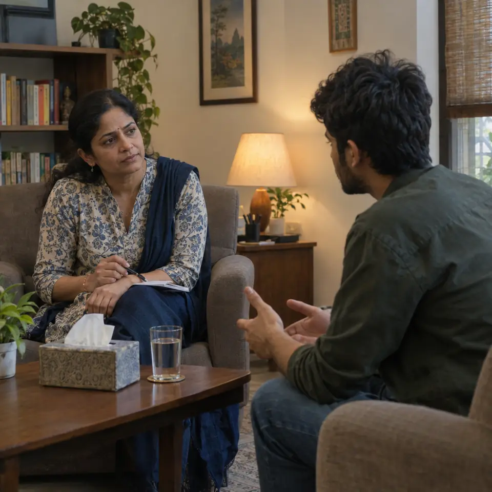 An Indian woman psychologist in her forties listening attentively, leaning slightly forward, to a young Indian man seated in an armchair across a low table with a box of tissues an