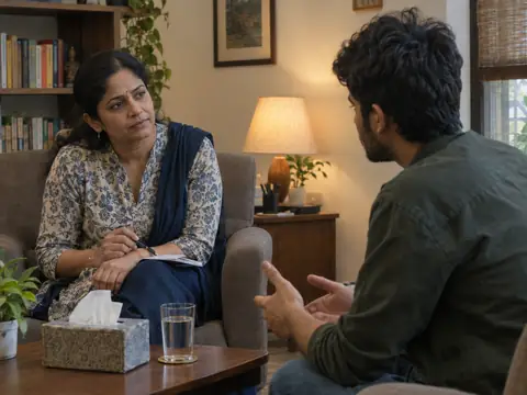 An Indian woman psychologist in her forties listening attentively, leaning slightly forward, to a young Indian man seated in an armchair across a low table with a box of tissues an