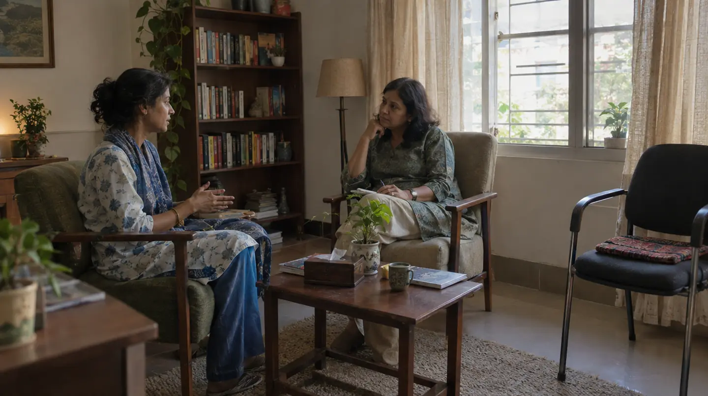Two armchairs, a low table, a bookshelf, soft curtains, late afternoon light, an empty chair waiting