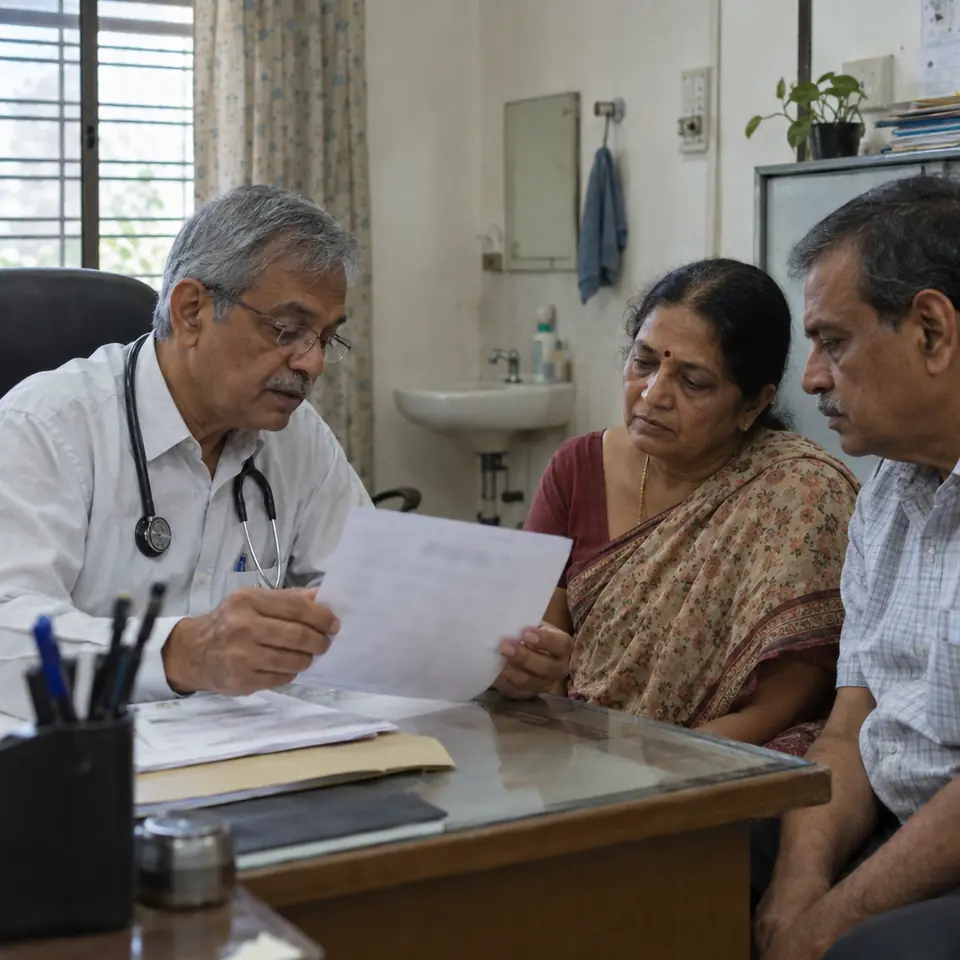 An Indian male nephrologist in his sixties reviewing a printed lab report with an Indian woman in her sixties and her husband