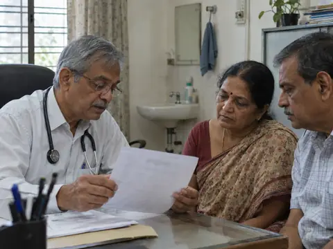 An Indian male nephrologist in his sixties reviewing a printed lab report with an Indian woman in her sixties and her husband