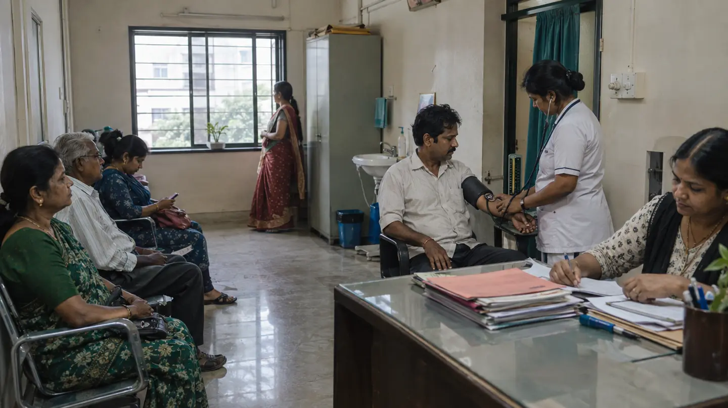 Patients waiting, a nurse taking blood pressure of a seated man, a desk with files