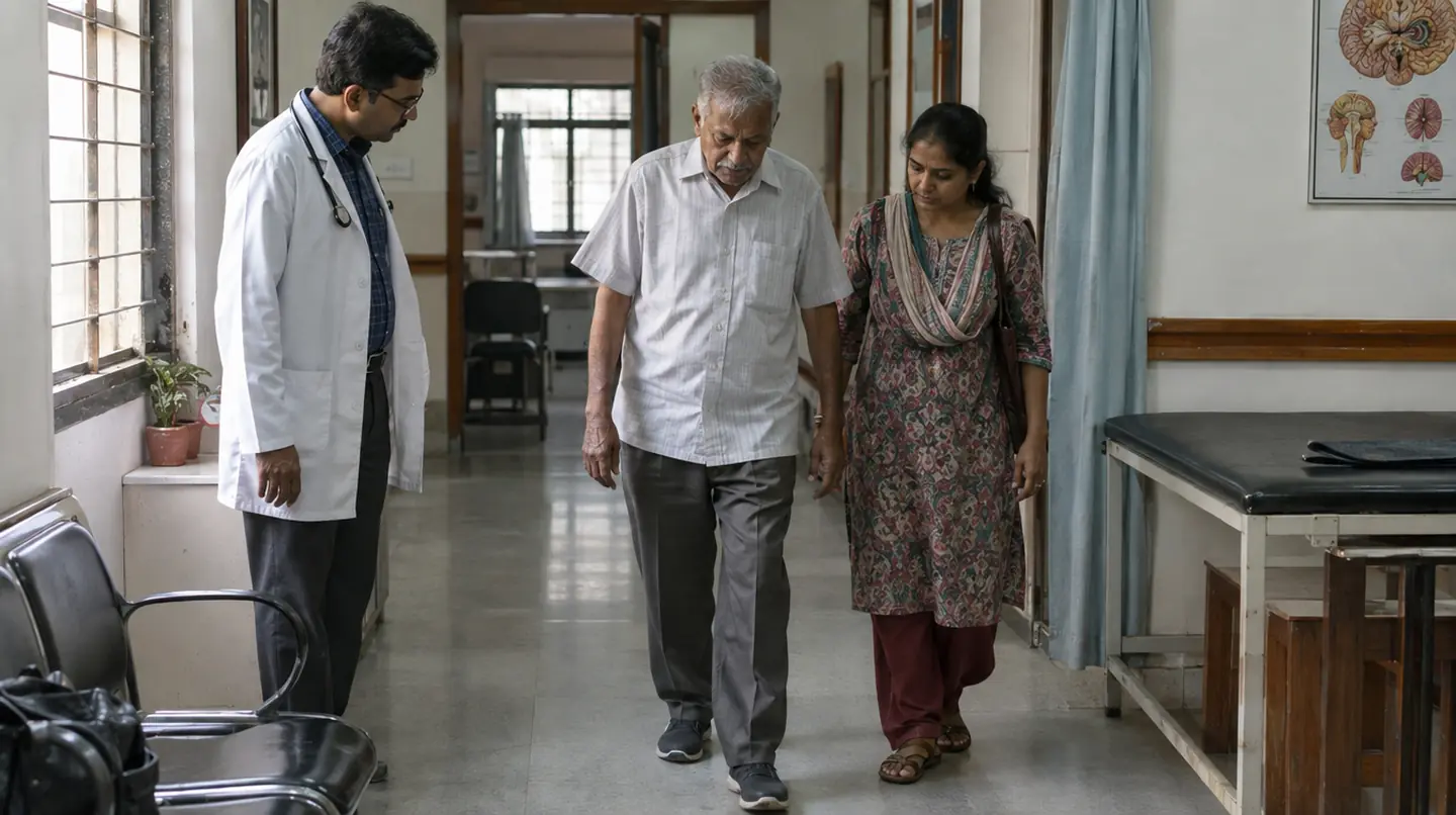 An older man walking slowly along a corridor while the doctor observes his gait, the patient's daughter beside him