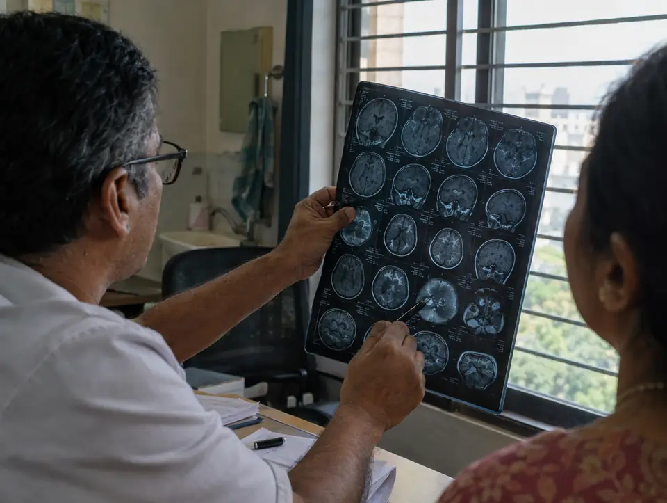 An MRI film held up to window light