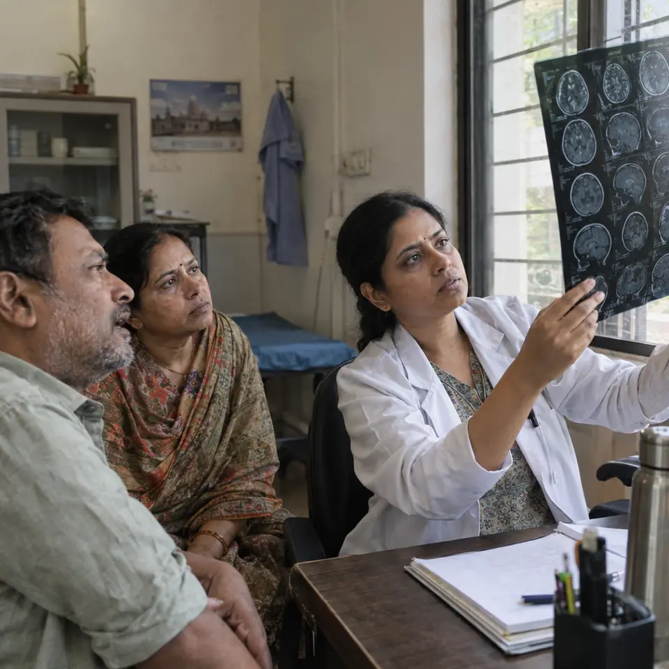 An Indian woman neurosurgeon reviewing a brain MRI film held up to a window with an Indian man patient and his wife