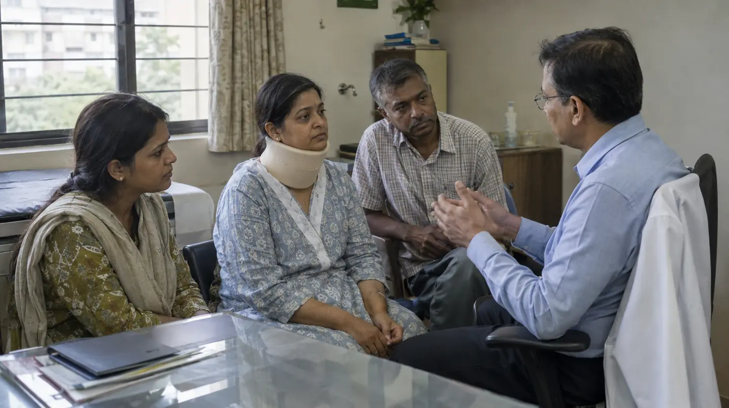 A patient with a neck collar seated with family, the surgeon talking to them