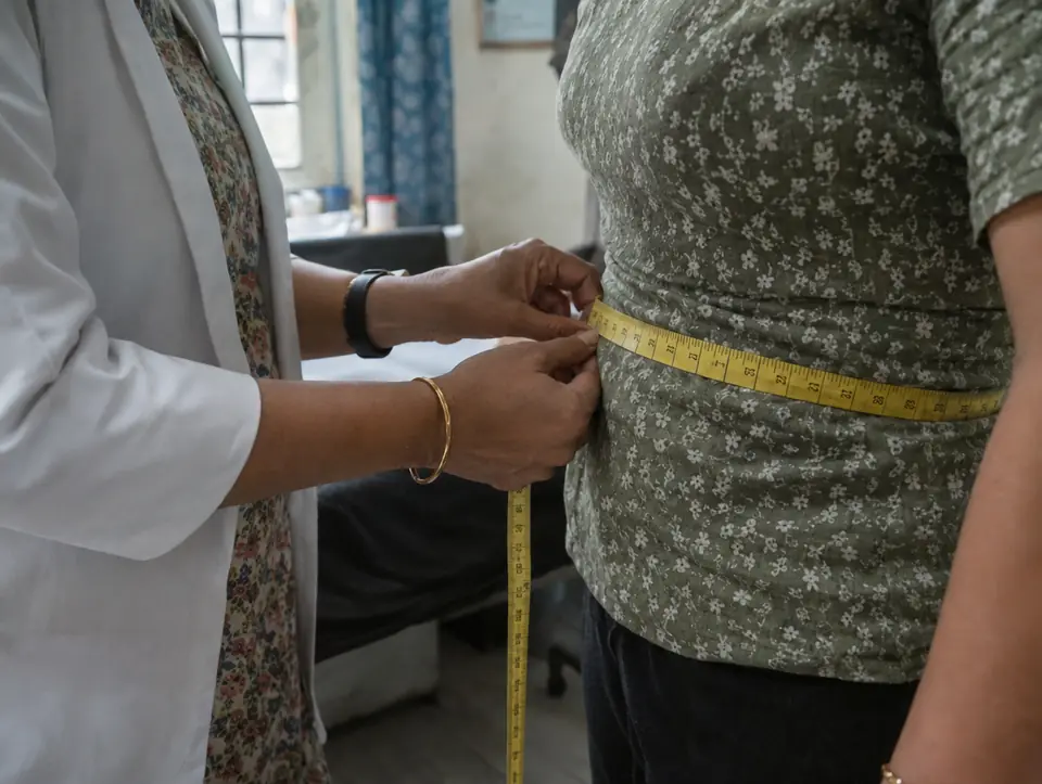 A measuring tape around a client's waist held by a dietitian's hands