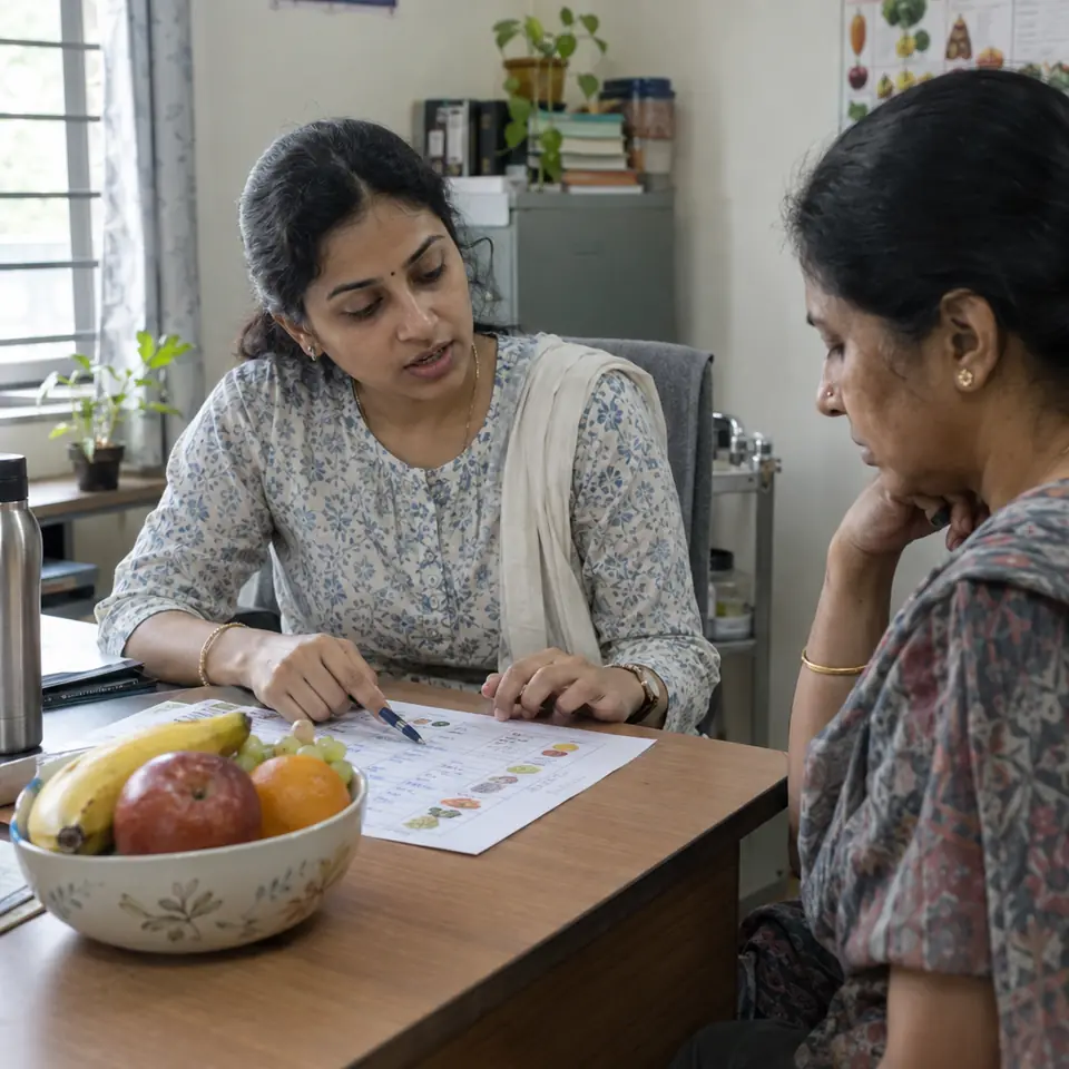 An Indian woman dietitian in her thirties talking through a meal plan written on paper with an Indian woman client in her forties, a bowl of fruit on the desk