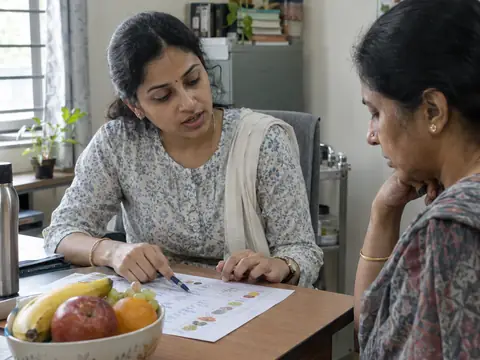 An Indian woman dietitian in her thirties talking through a meal plan written on paper with an Indian woman client in her forties, a bowl of fruit on the desk