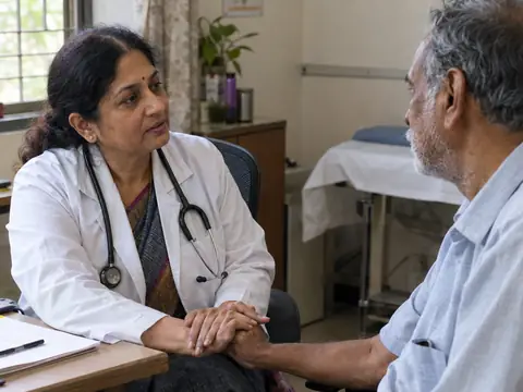 An Indian woman oncologist in her fifties holding the hand of an Indian man patient in his sixties, a calm, hopeful conversation, soft daylight