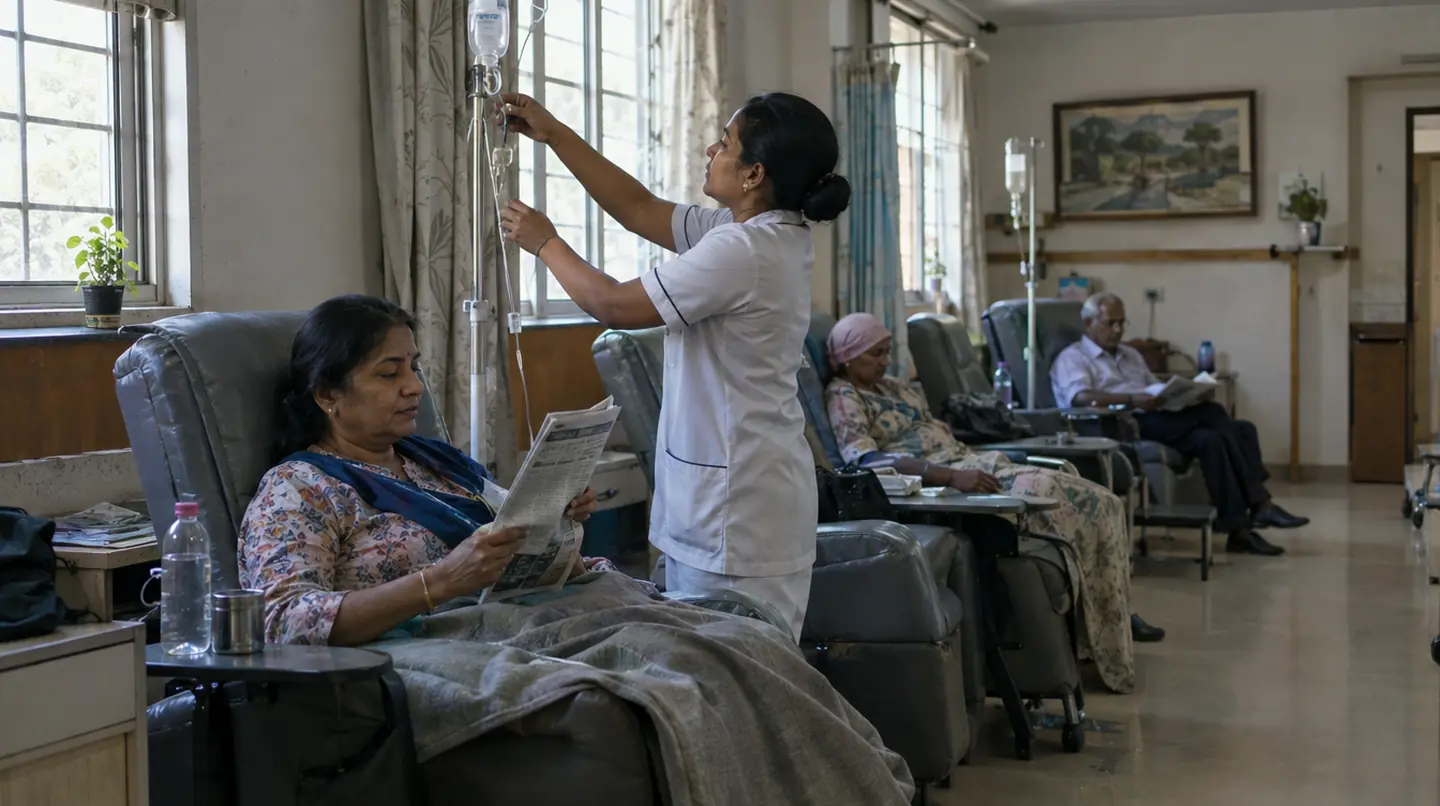A calm room with reclining chairs, a nurse adjusting an IV drip stand for a seated patient reading a newspaper