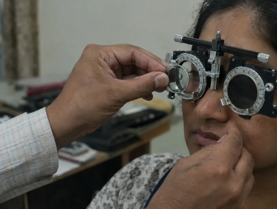 A trial lens being placed into a trial frame on a patient's face by a clinician's fingers