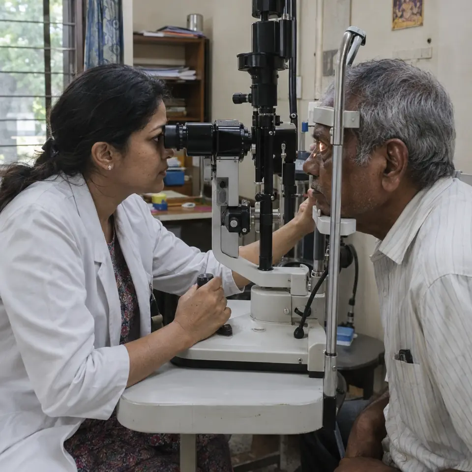 An Indian woman ophthalmologist examining the eyes of an Indian man in his sixties at a slit lamp, both leaning into the machine