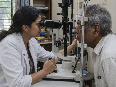 An Indian woman ophthalmologist examining the eyes of an Indian man in his sixties at a slit lamp, both leaning into the machine